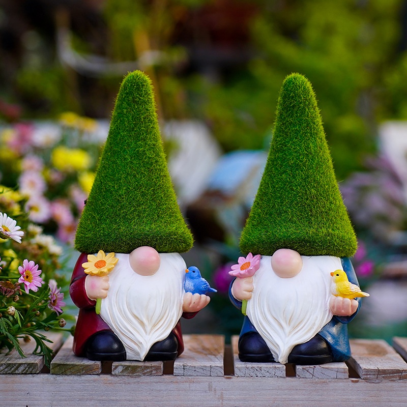 Garden Dwarf Dwarf Statue Flocking Green Hat White Beard Goblin Garden Decoration Resin Ornaments