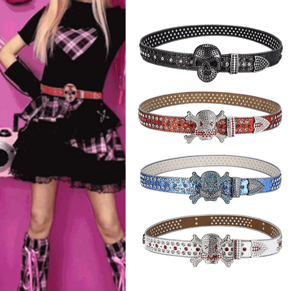 Skull Leather Belt For Men High-grade Hot Girl Sequin Crystaly Belt For Women Rhinestone Acrylic Waist Seal