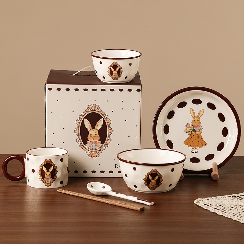 Creative Retro Rhea Rabbit Bowl And Plate Set For One Person Ceramic Tableware Opening Real Estate Souvenir Bowl Gift Box