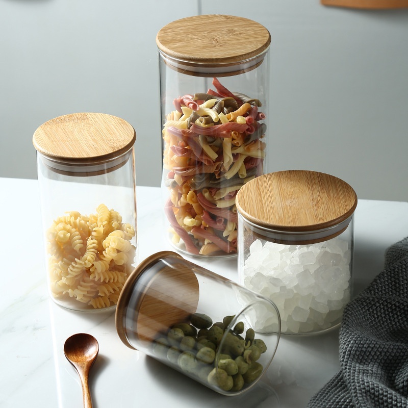 Borosilicate Glass Sealed Jar Bamboo Lid Tea Jar Candy Snack Transparent Storage Jar