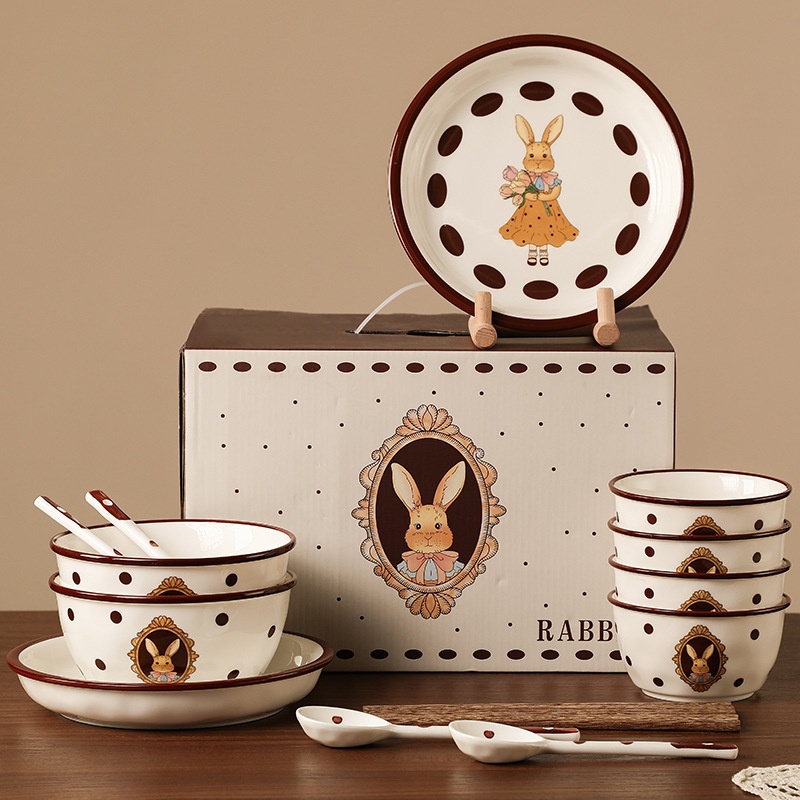Creative Retro Rhea Rabbit Bowl,Plate,Chopsticks Set For Four People Ceramic Tableware Bank Real Estate Souvenir Bowl Set