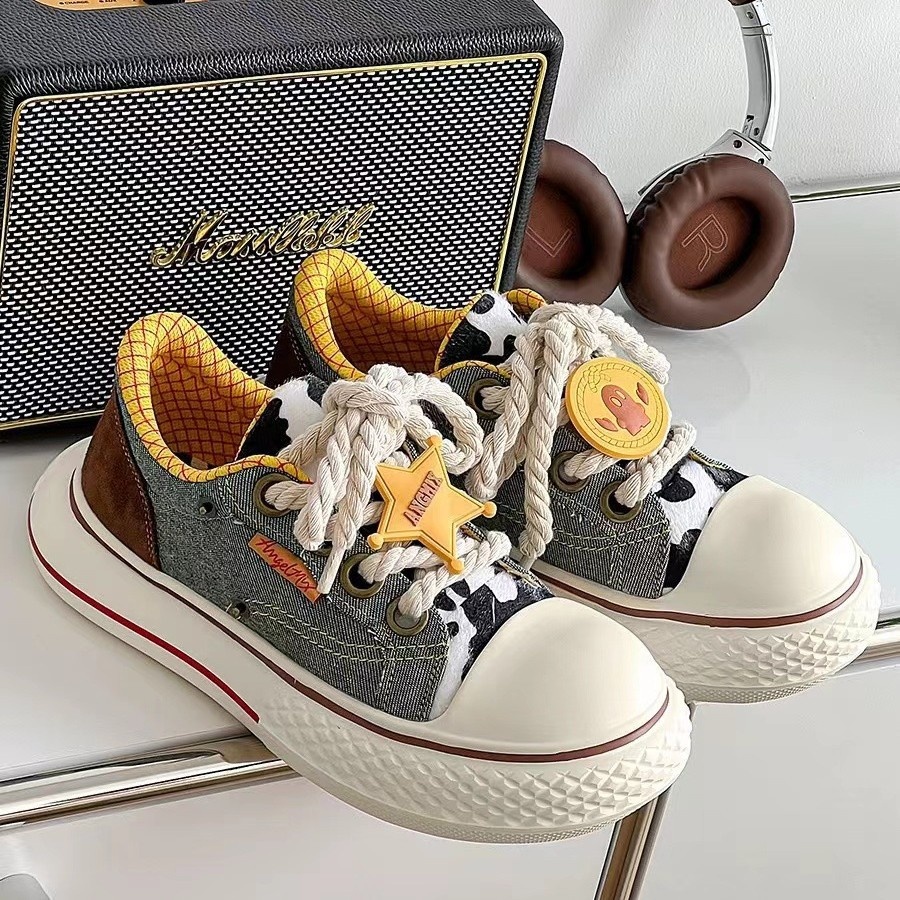 OLDORDERWoody Collaboration Chunky Denim Shoes,y Cartoon Platform Canvas Shoes For Men And Women,Couples'Thick-Soled Height-Increasing Sneakers.