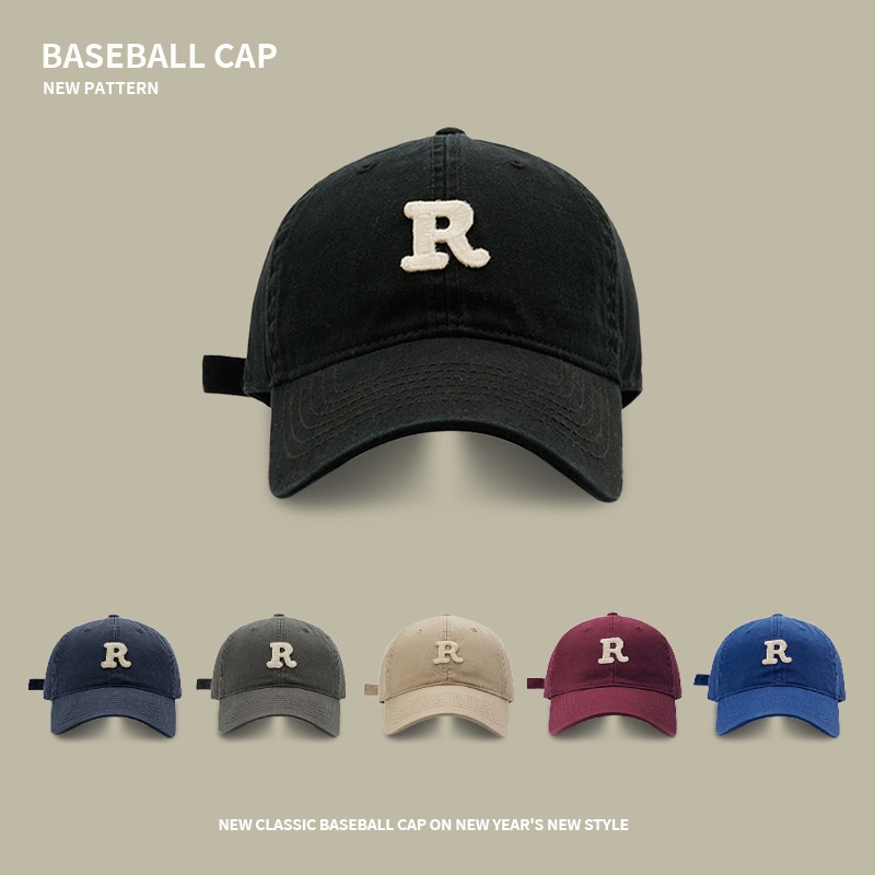 RLetter Embroidered Soft Top Baseball Cap For Men Korean Version Niche Large Head Circumference Small Face Four Seasons All-match Duckbill Cap For Women