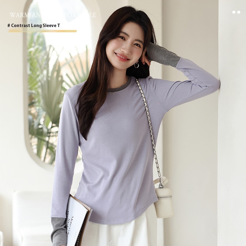 Contrast Color Round Neck Bottoming Shirt For Women Spring Arc Design Waist Top With Slim Long Sleeve T-shirt