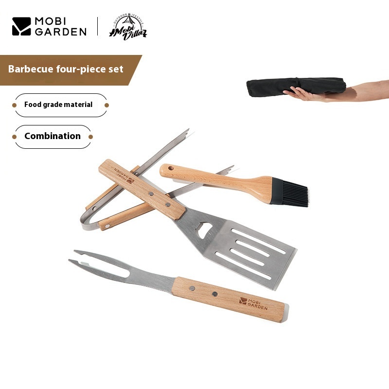 Mugodi Complete Set Of Barbecue Accessories Four-piece Camping Outdoor Barbecue Clips Wooden Handle Fork Shovel Silicone Oil Brush
