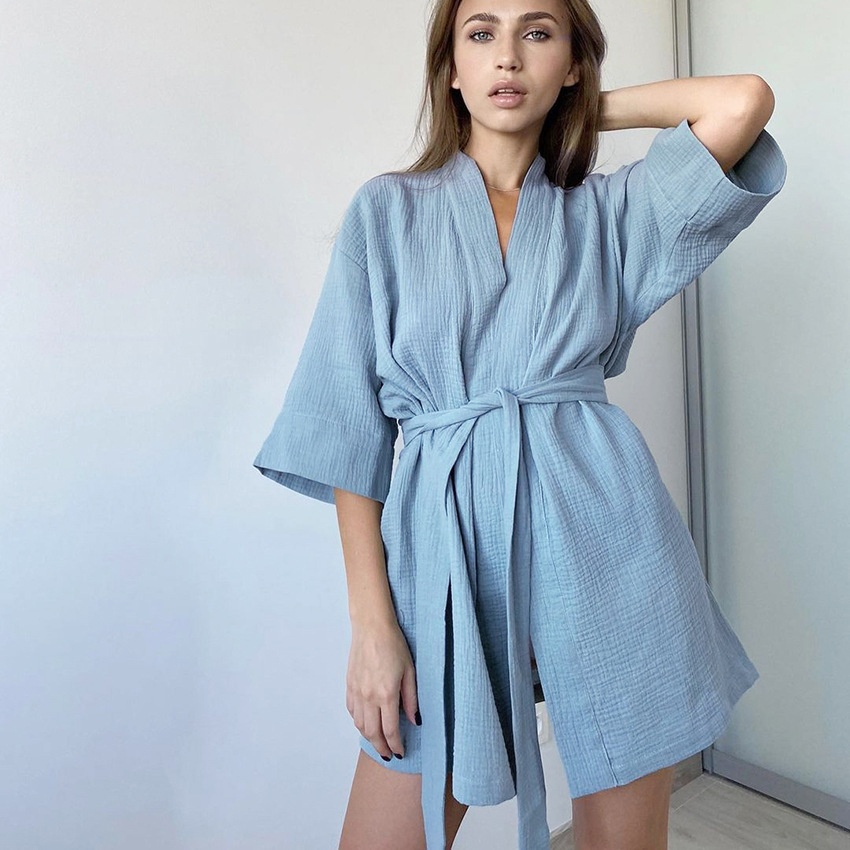 European And American Spring Pure Cotton Casual Fashion Home Nightgown Short Cardigan Double-layer Gauze Simple Ladies Pajamas