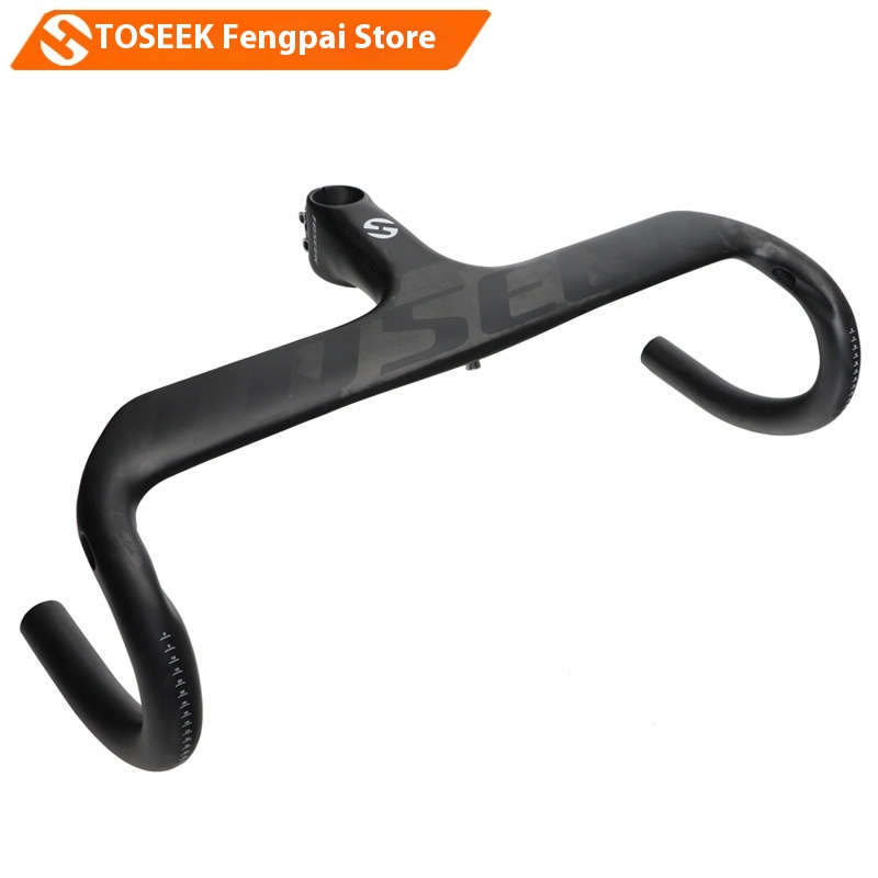 TOSEEKFull Carbon Fiber Integrated Road Bicycle Handlebar With Stem,Big Letters,Black Wind-breaking Integrated Handlebar