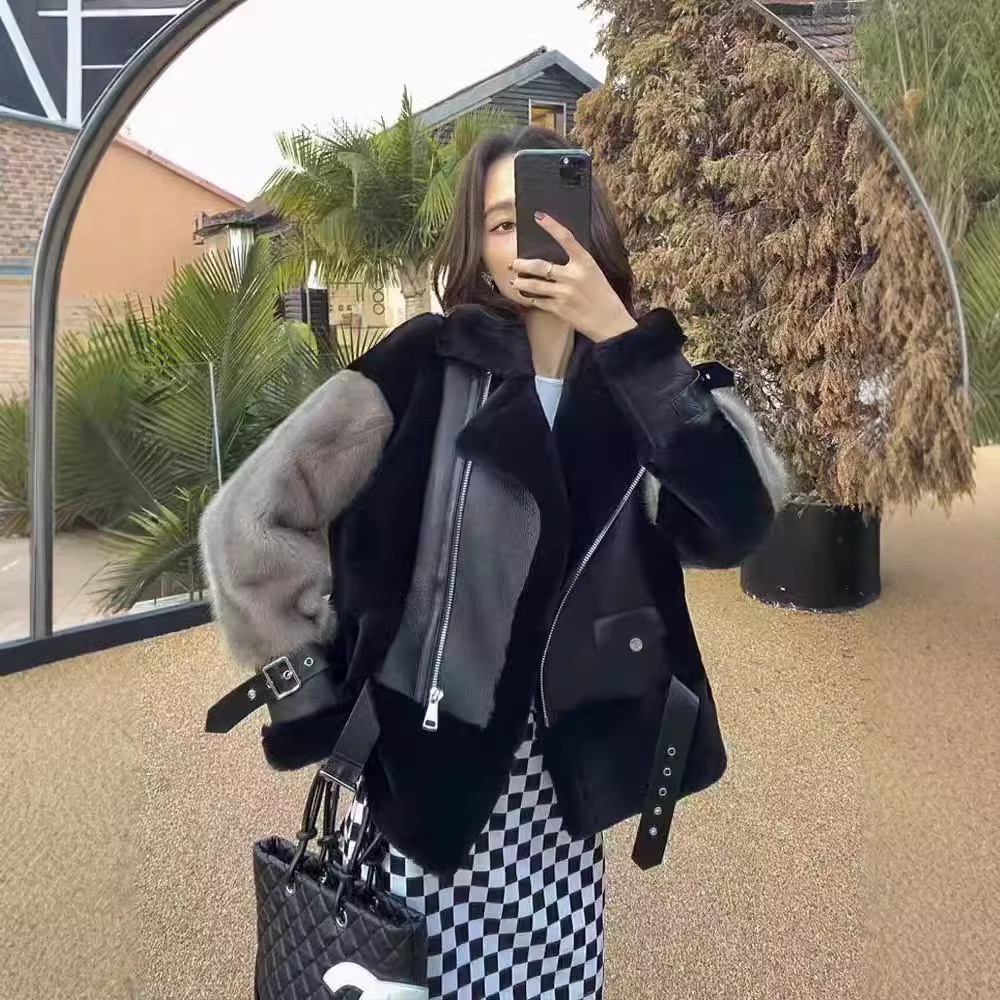 Haining European Goods Fur Coat Women Imitation Mink Motorcycle Short Fur Fur Women Jacket