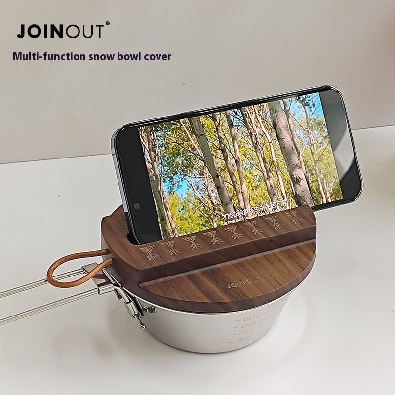 Outdoor Snow Bowl Cover Sealed With Mobile Phone Holder Pot Cover Camping Thick Traditional Wooden Anti-overflowulation Pot Cover