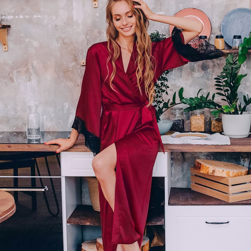 Autumn Imitation Silk Bridal Morning Robe Lace Sexy Long Bathrobe Wedding Pajamas Female Satin Nightgown