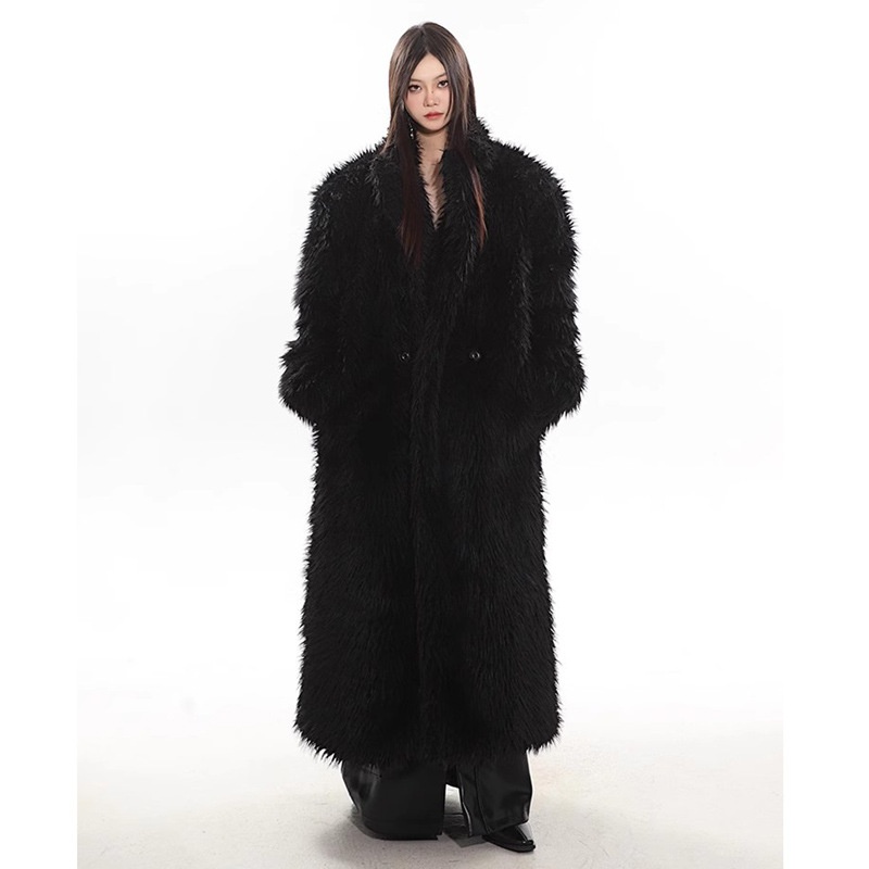 Women'sa Wool Fur Coat Imitation Fox Fur Long Fur Coat Winter Warm Extra Long Thick Plush Windbreaker