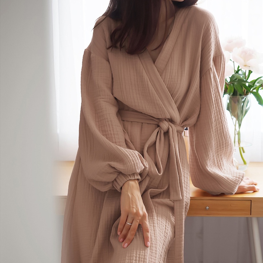 Early Spring French Solid Color Cardigan Nightgown Double Gauze Cotton Casual Fashion Home Pajamas Women's Cotton