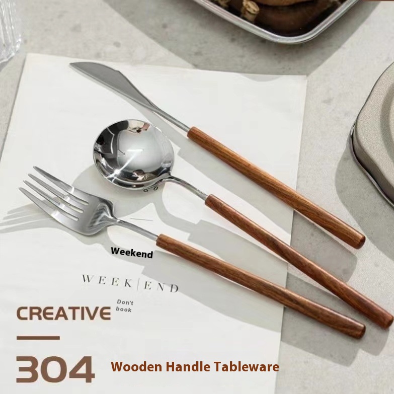 Walnut304 Knife,Fork And Spoon Solid Wood Rosewood Handle Retro Japanese Style Stainless Steel Three-piece Set Tableware