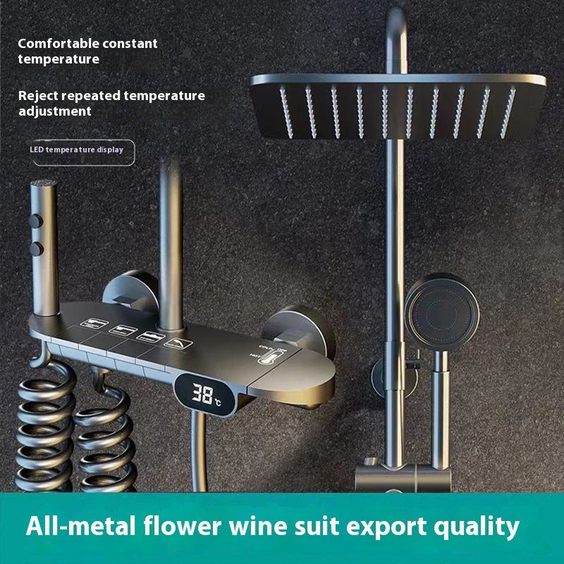 Gun Grey Shower Set Piano Key Shower Mixing Valve All Copper Constant Temperature Digital Display Booster Shower Head