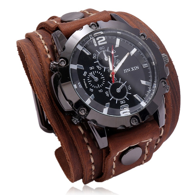 Punk Jewelry Retro Hand-stitched Cowhide Watch European And American Exaggerated Men's Leather Bracelet