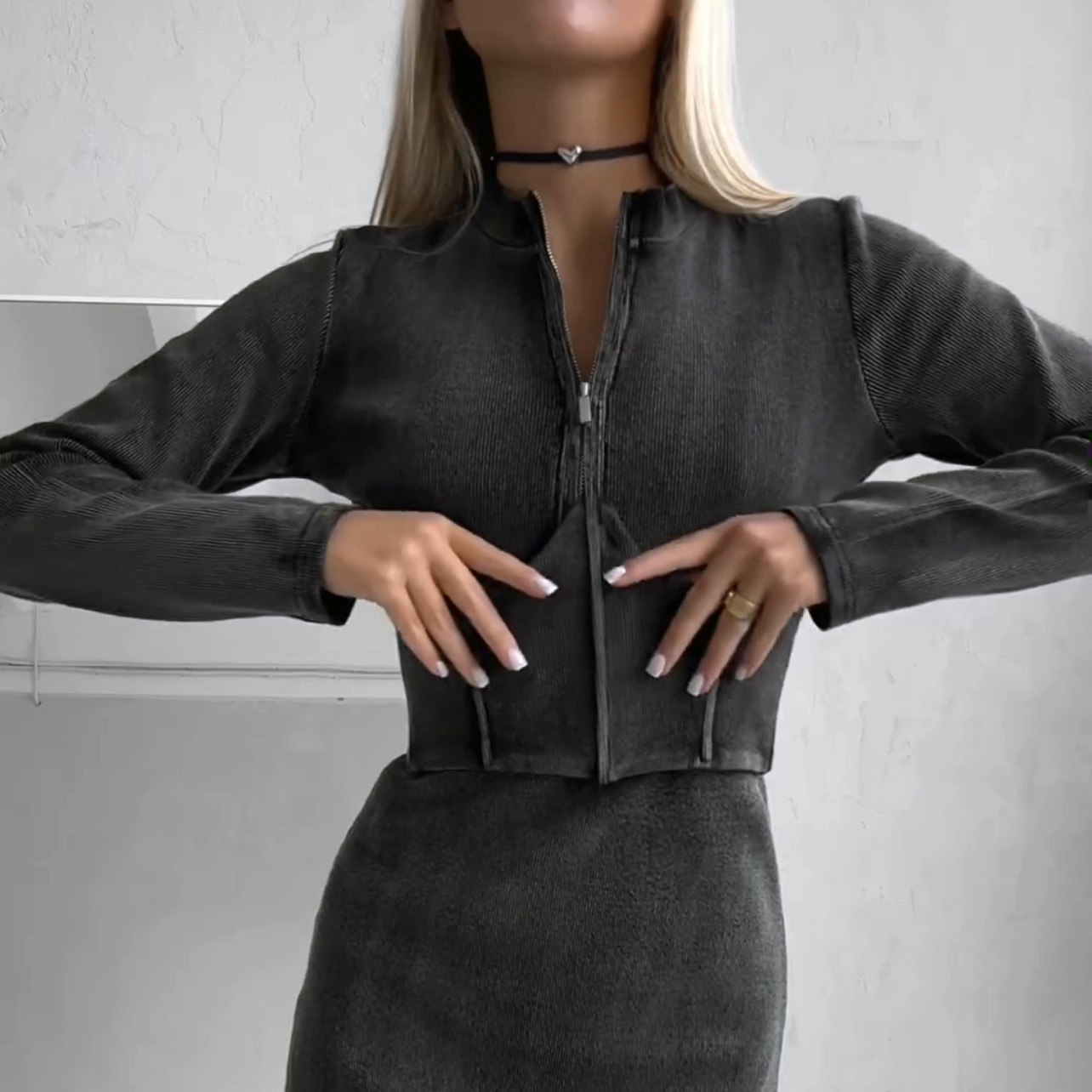 Blogger Casual Style Old Zipper Jacket Women's Spring And Autumn Splicing Fishbone Waist Slim Fit Short Top