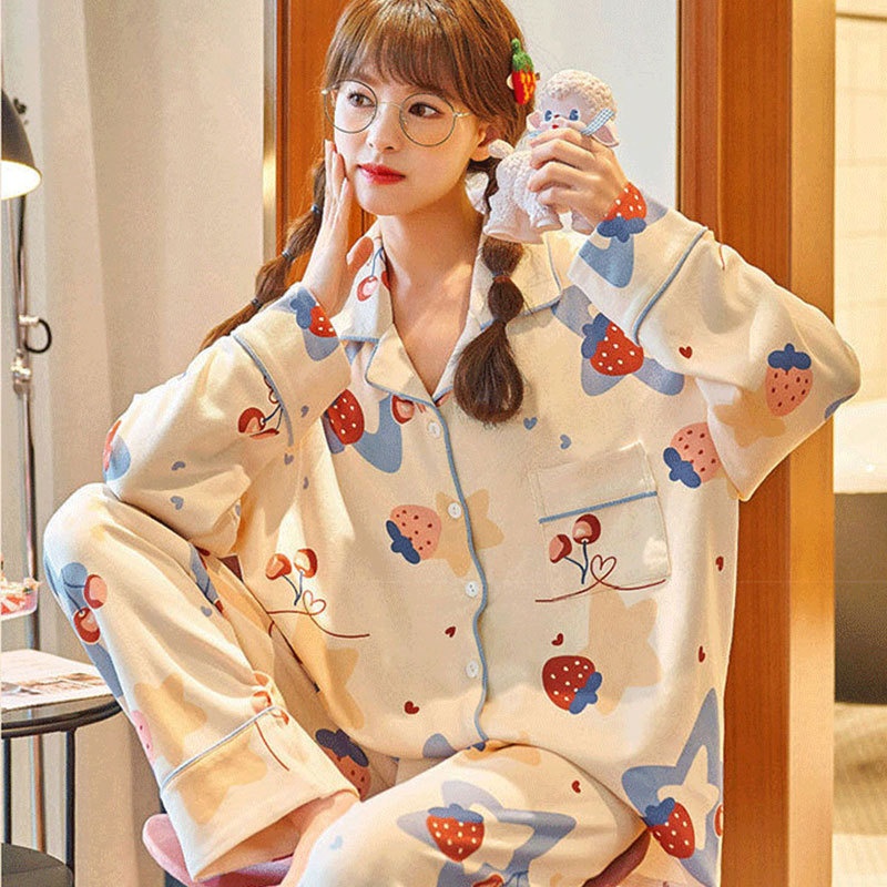Spring And Autumn Style Pajamas Women's Cardigan Long-sleeved Trousers Korean Version Of Cherry Sweet Girl Home Clothes Suit