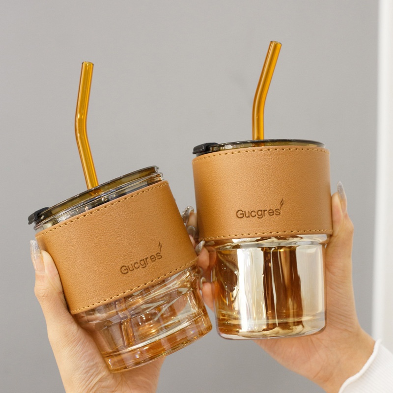 High-value Internet Celebrity Bamboo Cup Straw Glass Cup Simple Light Luxury Coffee Cup Cup Portable Water Cup