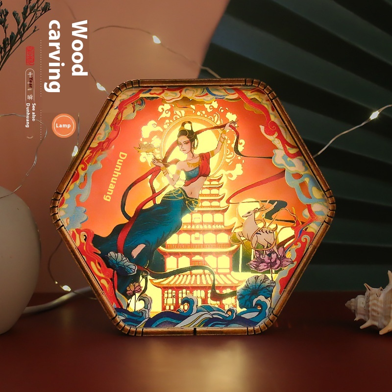 Dunhuang Wood Carving Lamp Creative Gift Retro Cultural Gift Bedside3 DNight Light Decorative Ornaments Table Lamp Paper Carving Lamp
