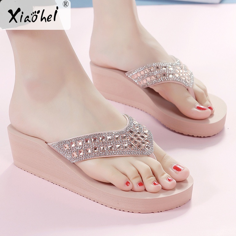 Slippers Women Summer Rhinestone Sandals Women's Outdoor Wear Fashion Slippers Beach Shoes Wedge Heel Breathable Flip Flops