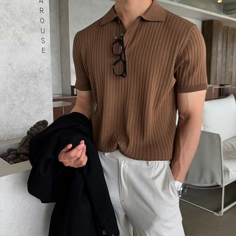 Lapel Polo Shirt Men'sy Brand Casual Summer Textured Solid Color Korean Style Knitted Sweater Short-sleeved T-shirt Bottoming Shirt Men