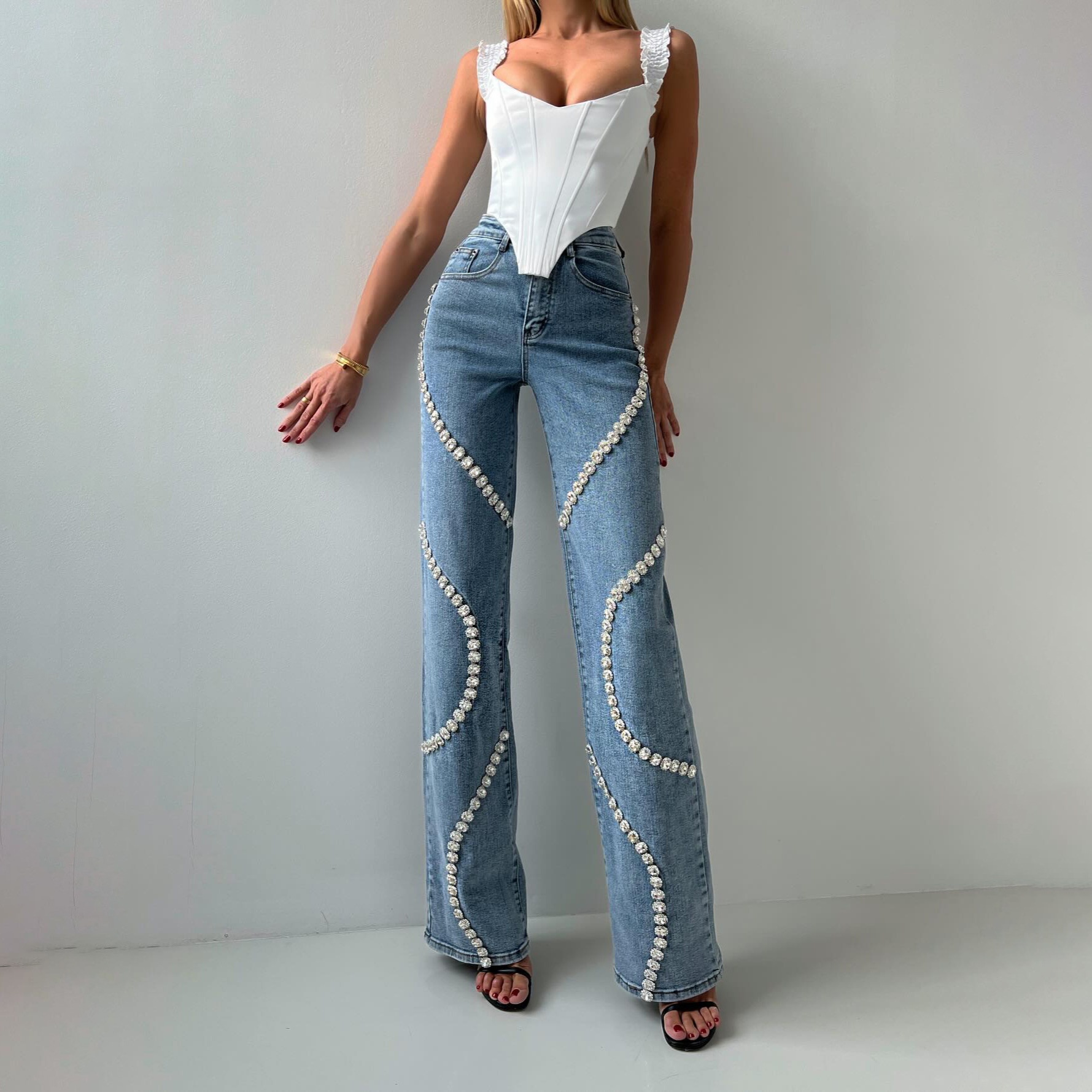 Women's Clothing Niche Design Rhinestone Jeans Spring And Autumn Women's High Waist Slim All-match Casual Straight Pants
