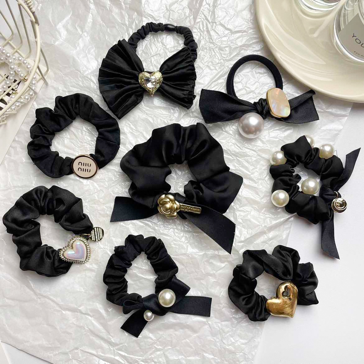 Pearl Bow Hair Rope Female High-grade Satin Ponytail Small Intestine Circle Korean Simple High Elastic Hair Rope Rubber Band