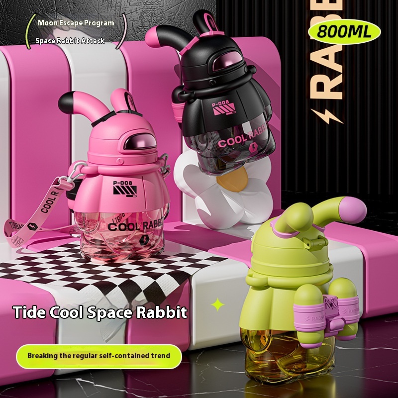Lightning Rabbit Large Capacity Kettle Space Rabbit Anti-Fall Cartoon Children's Straw Plastic Water Cup Cool Big Belly Cup