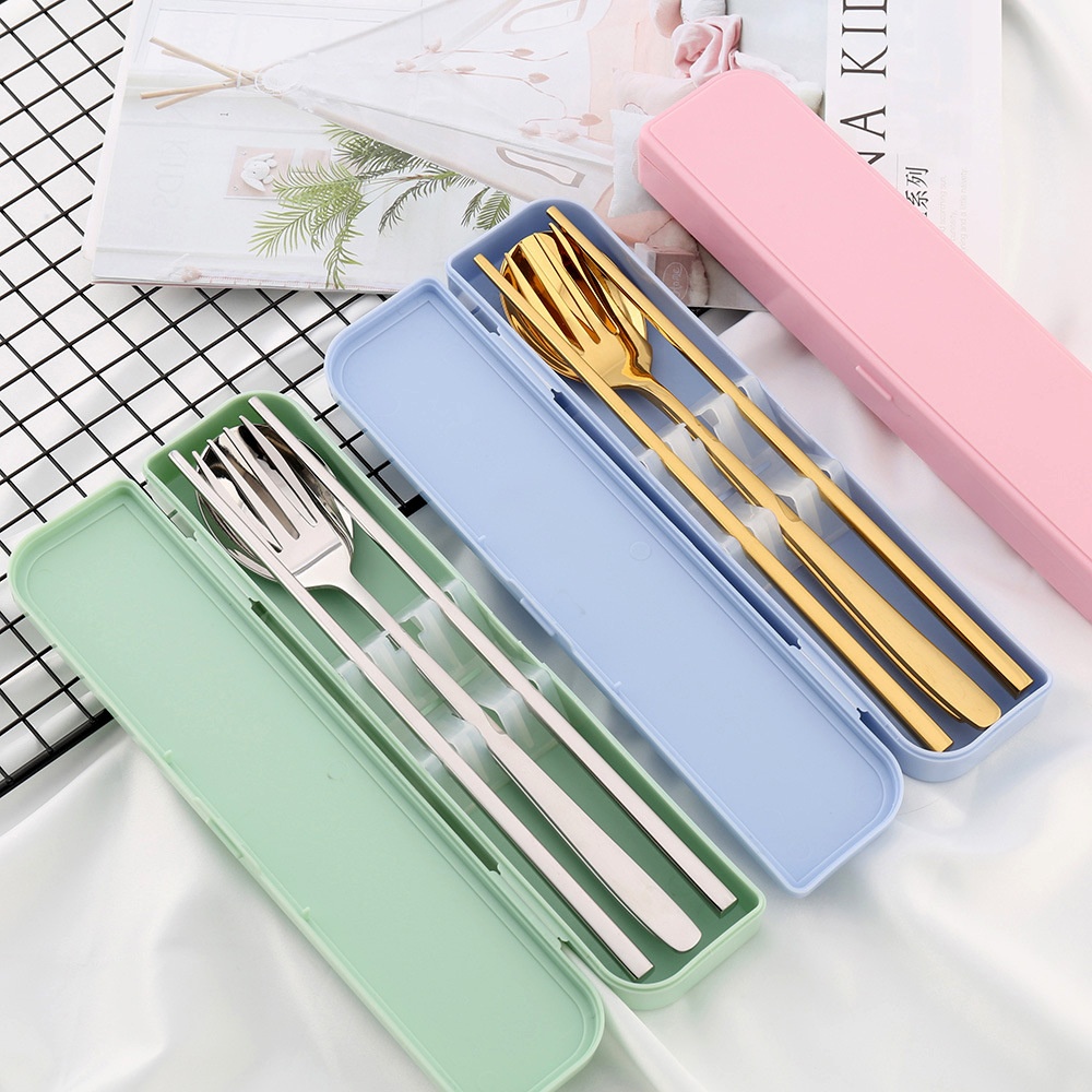 304 Portable Stainless Steel Cutlery Set Square Chopsticks Spoon Two-piece Chopsticks Plastic Box Cutlery Set Printed