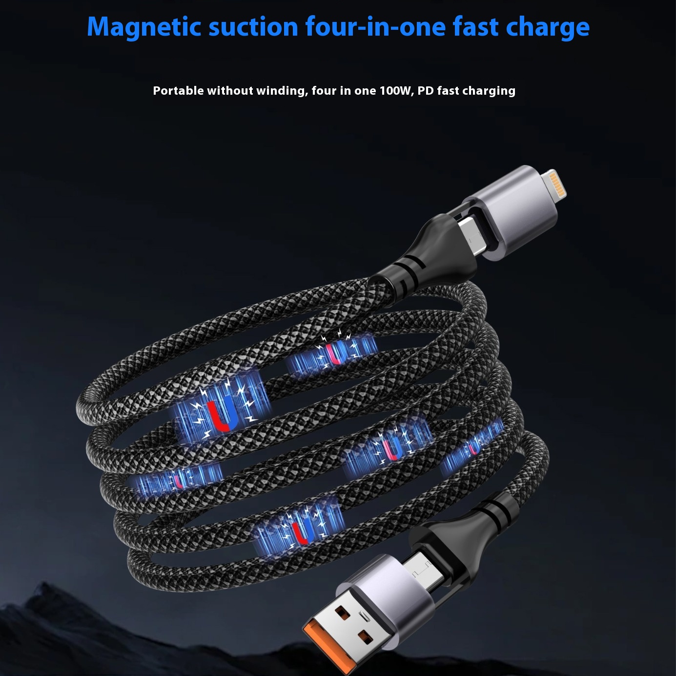 4 In1100 WMagnetic Data Cable2 To2 Typc Suitable For Apple15 Huawei Mobile Phone PDFast Charging Car