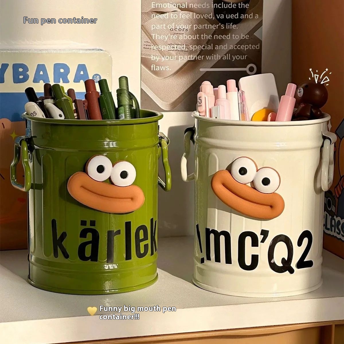 Creative Iron Pen Holder Student Desktop Storage Box Office Pen Barrel Super Cute With Feet Big Mouth Stationery Storage Pen Box