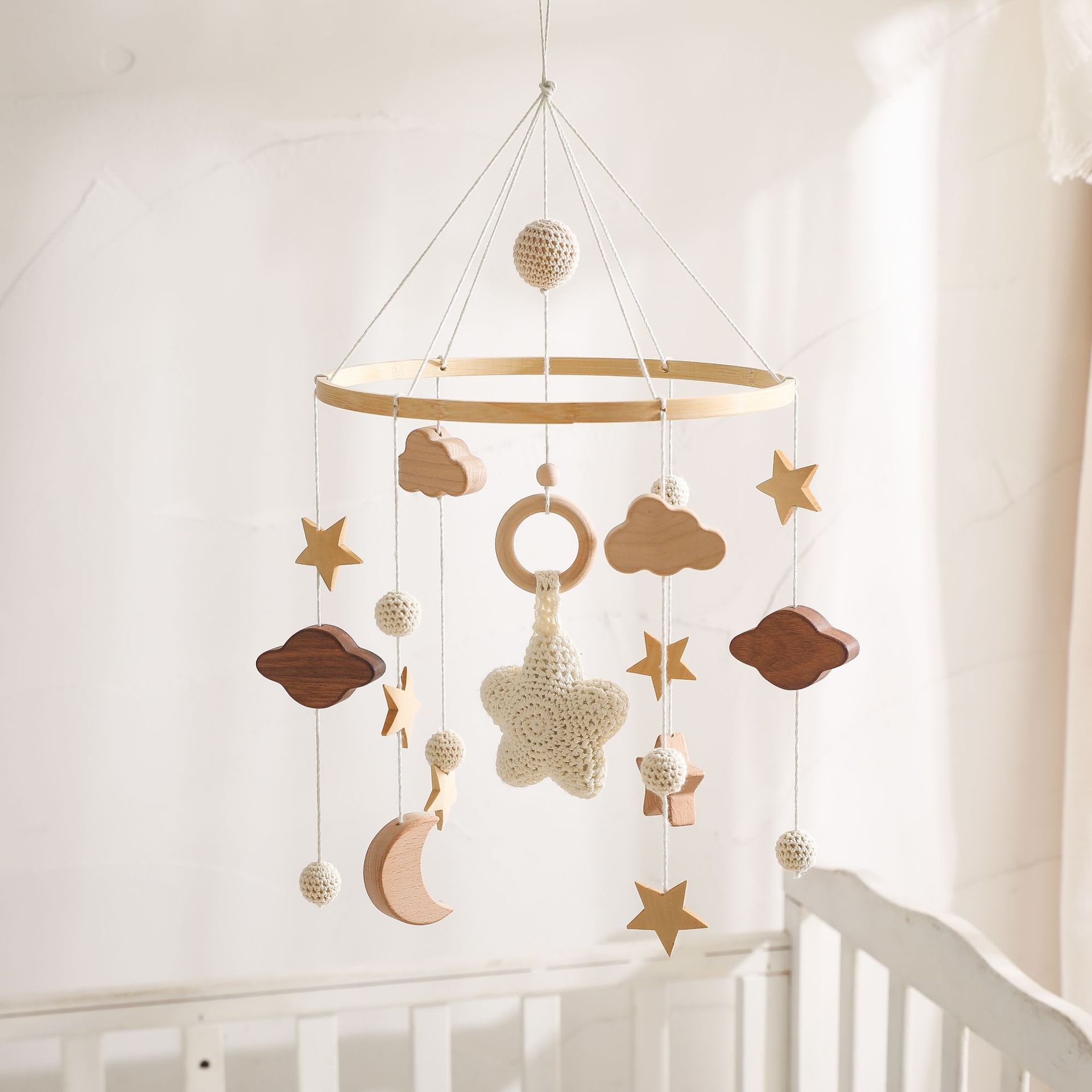 Stars,Moon,Clouds,Baby Crib Pendants,Baby's Breath,Bed Bells,Simple Baby Room Decoration,Wooden Wind Chime Pendants