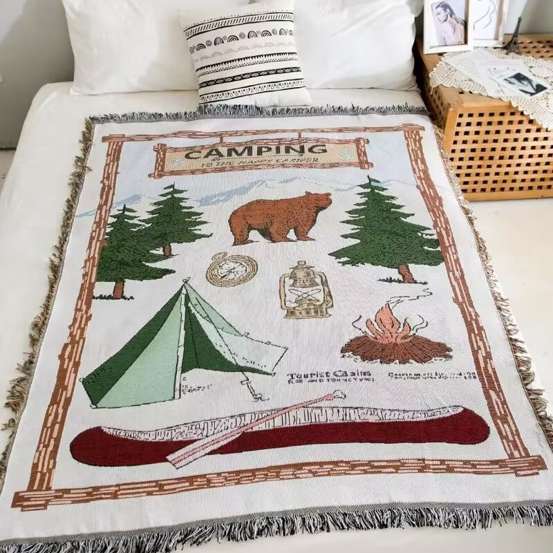 Camping Decoration American Retro Bohemian Sofa Blanket Thread Blanket Tapestry Camping Aesthetic Illustration Leisure Blanket