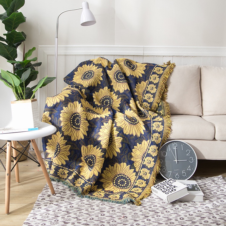 European Style Blue Sunflower Cotton Knitted Nap Sofa Office Blanket Three-layer Thickened Pastoral Style Blanket