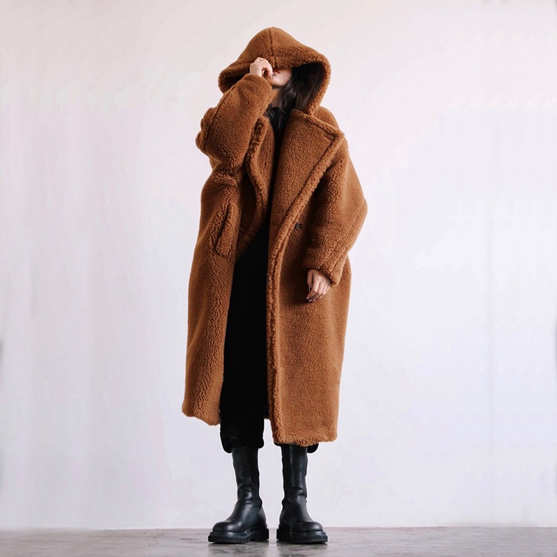 Autumn And Winter Casual Imitation Fur Coat Women's Coat Mid-length European And American Hooded Lapel Fashionable Lamb Wool Temperament