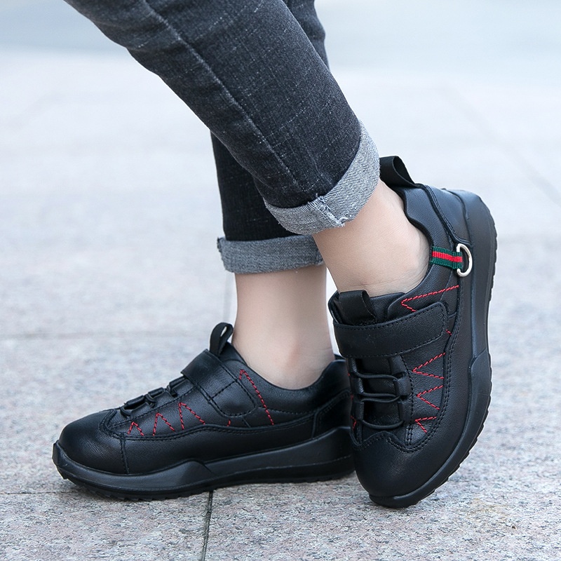 Boys Fashion Solid Color Children's Shoes Autumn Medium And Large Children's Cowhide Boys Leather Shoes Velcro Single Shoes