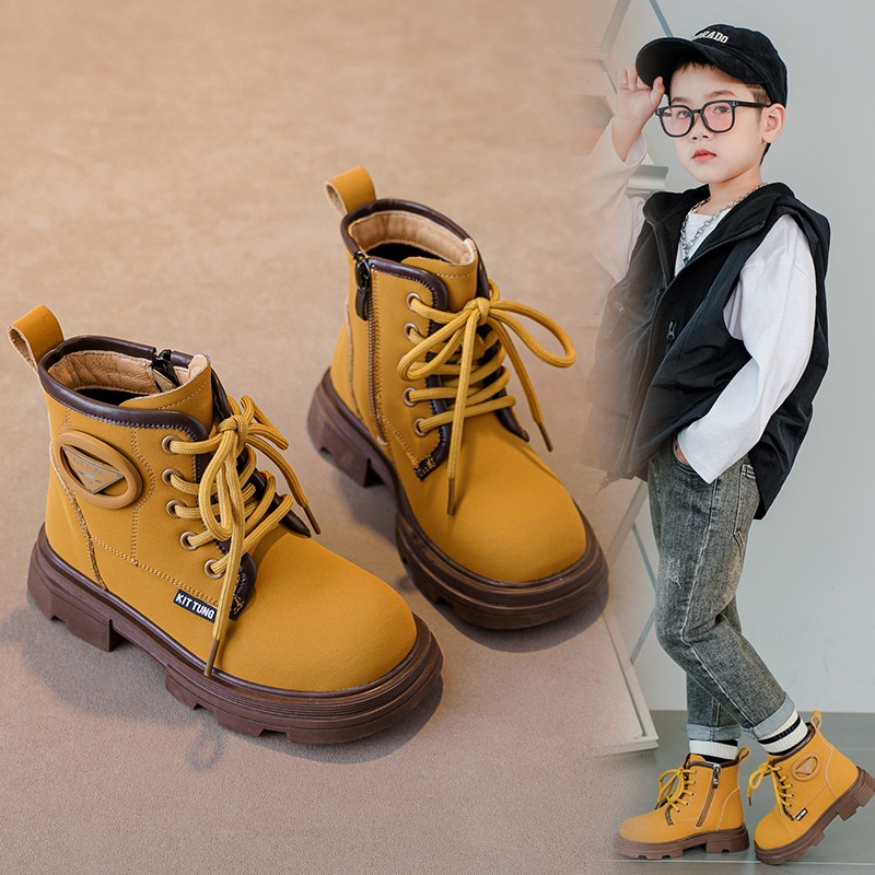 Boys Martin Boots British Style Autumn And Winter Children's Short Boots For Medium And Large Children Soft Bottom Non-slip Plus Velvet Boys Small Yellow Boots
