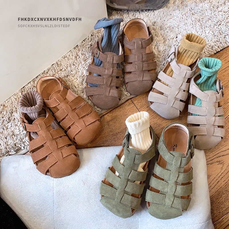 Korean Children's Shoes Summer Girls Birkenstock Sandals Genuine Leather Closures Boys Roman Shoes Children's Beach Shoes Girls Baby Shoes