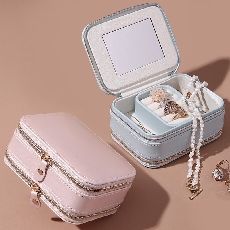 Double Zipper Jewelry Portable Storage Box Ring Earring Necklace Jewelry Box PULeather Lipstick Makeup Box