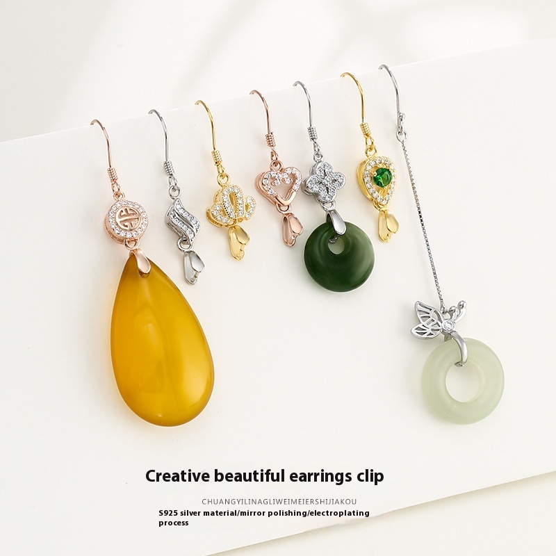 S925 Sterling Silver Clip Earrings For Women,Temperament Earrings,Empty Holders,Handmade Diy,Hetian Magnolia,Water Drop Jade Earring Holders