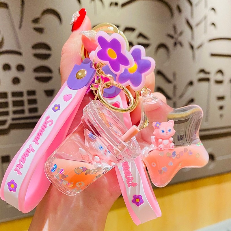 Girly Cute Little Fox Milk Tea Bottle Cartoon Creative Car Keychain APair Of Schoolbag Pendants Healing System