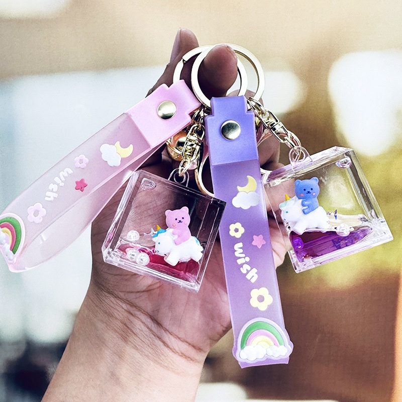 Bear Riding Quicksand Keychain Cute Cartoon Doll Acrylic Pendant Student Schoolbag Pendant Couple Keychain