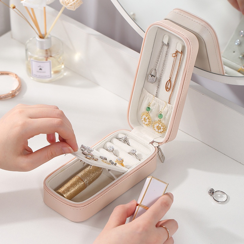Internet Celebrity Portable Double-layer Jewelry Storage Box PULeather Jewelry Box Portable Earring Earring Necklace Storage Box Lipstick Box