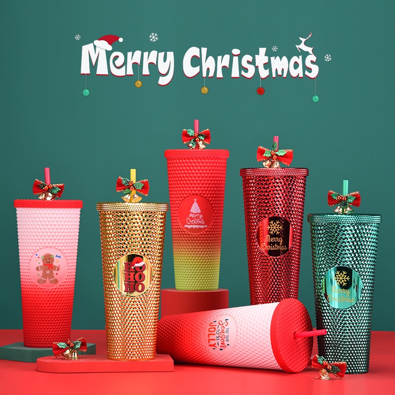 710ml Large Capacity Double-layer Plastic Straw Cup Creative Durian Cup Hand Cup Christmas Gradient Straw Cup