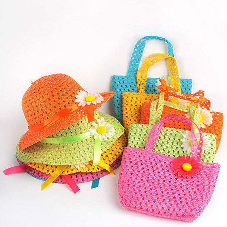 Sunflower Children's Straw Hat Handbag Set Girls Straw Sun Hat Beach Hat
