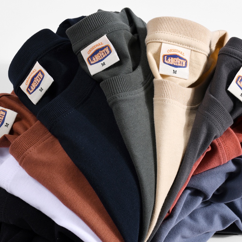 Carbon Brushed Foreign Trade Men's T-shirt Solid Color Short-sleeved American Casual Washed Cotton Bottoming Shirt Round Neck T-shirt