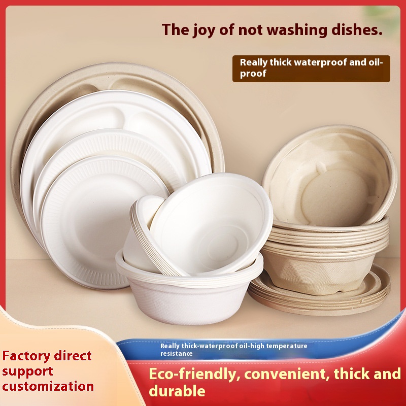 Disposable Paper Plate Paper Bowl Sugarcane Pulp Biodegradable Barbecue Birthday Cake Plate Thickened Meal Bowl Round Plate Painting Plate