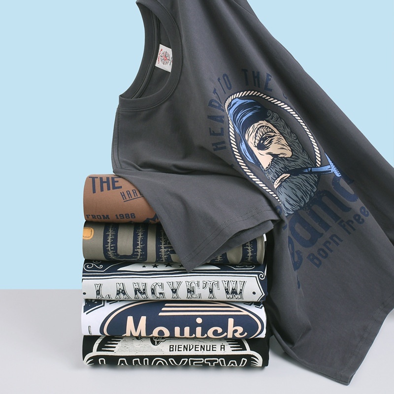 Summer American Retro Washed Print Round Neck T-shirt220 GPure Cotton Short Sleeve Large Size Loose T-shirt