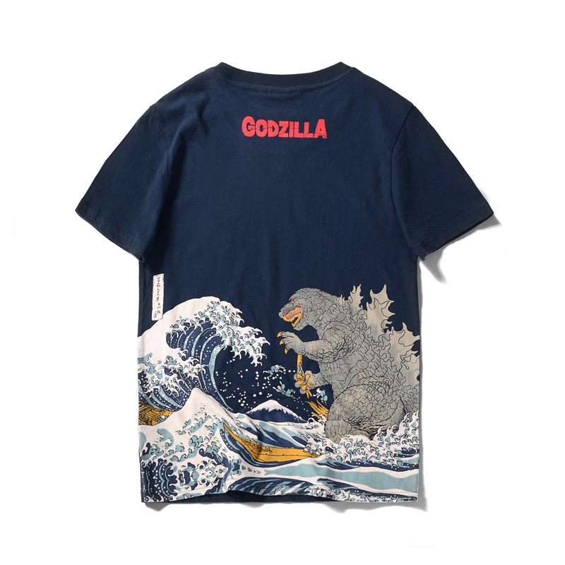 Japanesey Men's Clothing Harajuku Style Godzilla Non-sense Printed Men's Short-sleeved T-shirt Ukiyoe Couple T-shirt