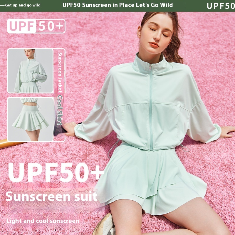 Ice-feeling UV-proof Sun Protection Clothing Zipper Stand-up Collar Sun Protection Yoga Short-sleeved High-waisted Half-length Anti-exposure Pleated Skirt For Women